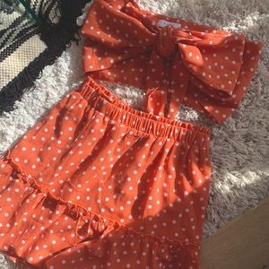 Two piece orange and white polka dot set